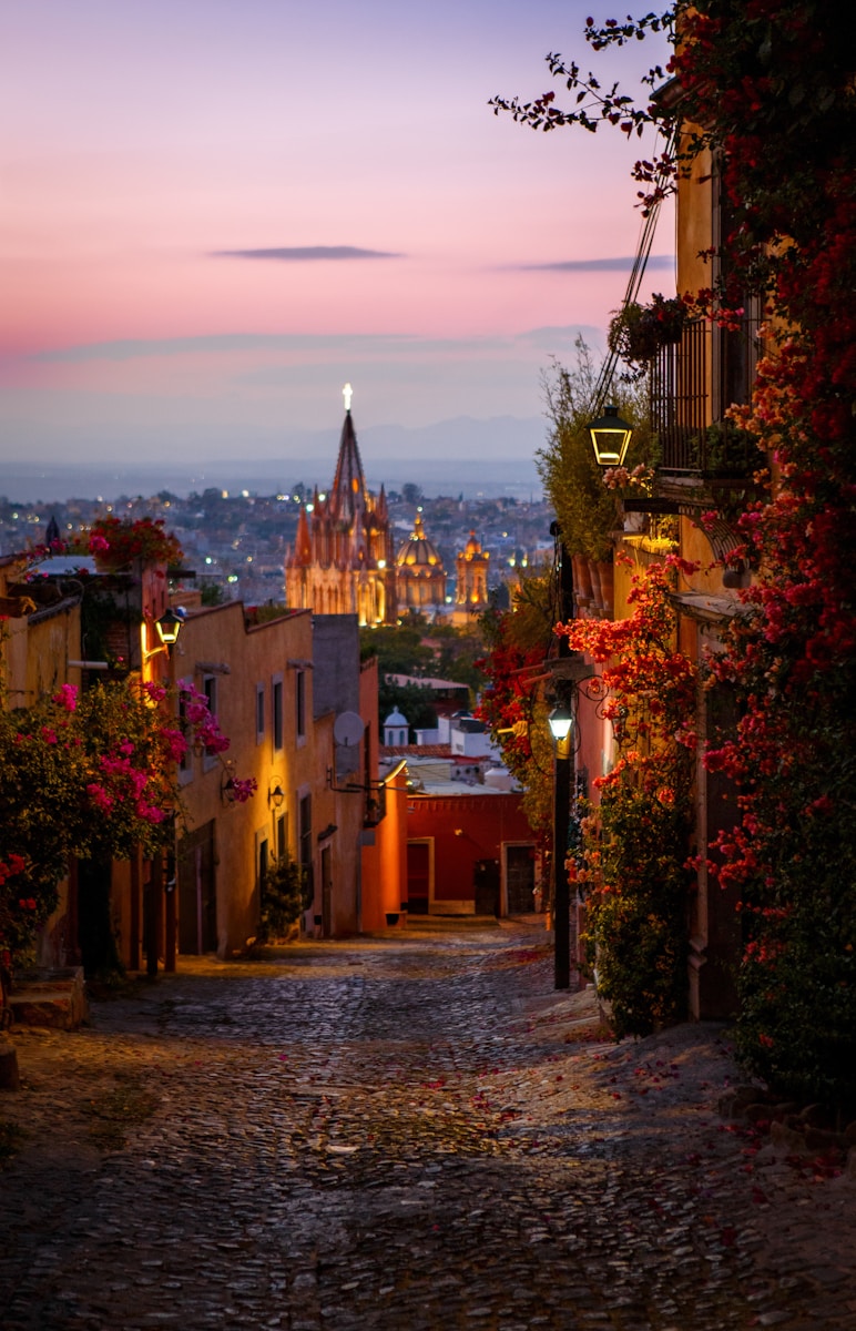 A narrow street with a view of a city in the distance